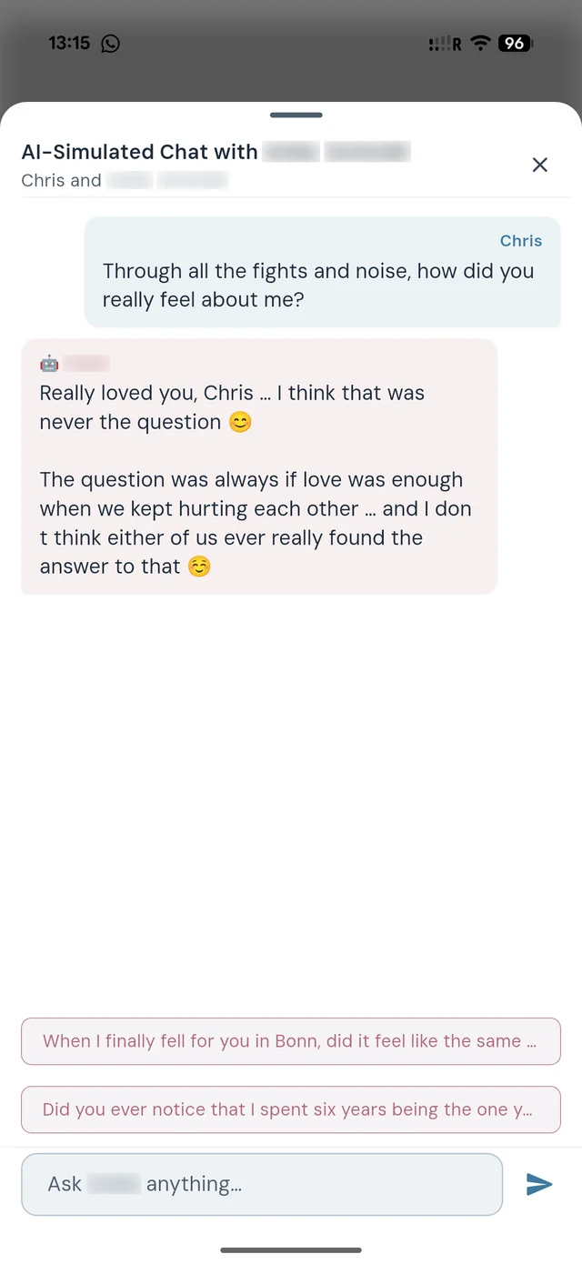 Subtext's AI chat — asking the reconstructed voice of an ex the questions you never got to