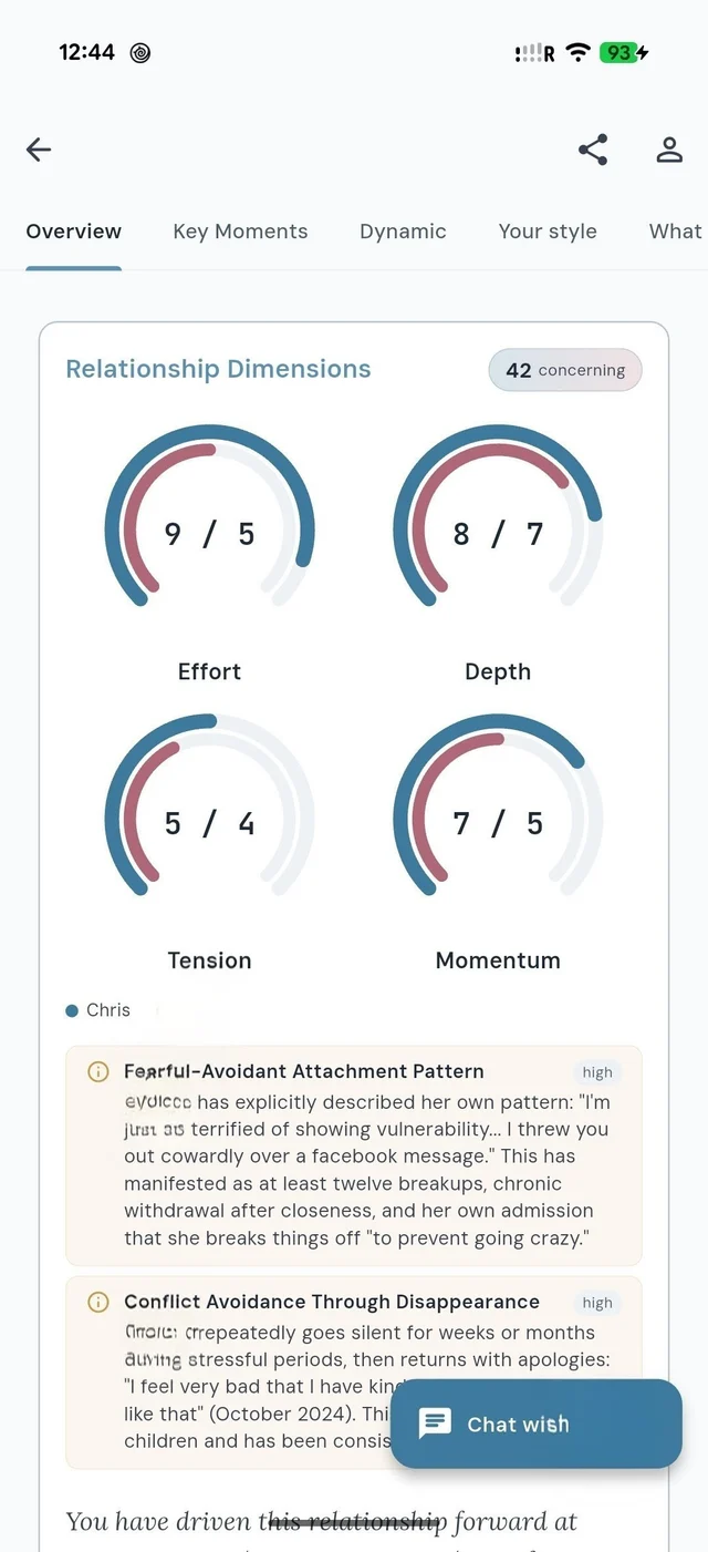 Subtext relationship dimensions and flagged patterns, scored for both people